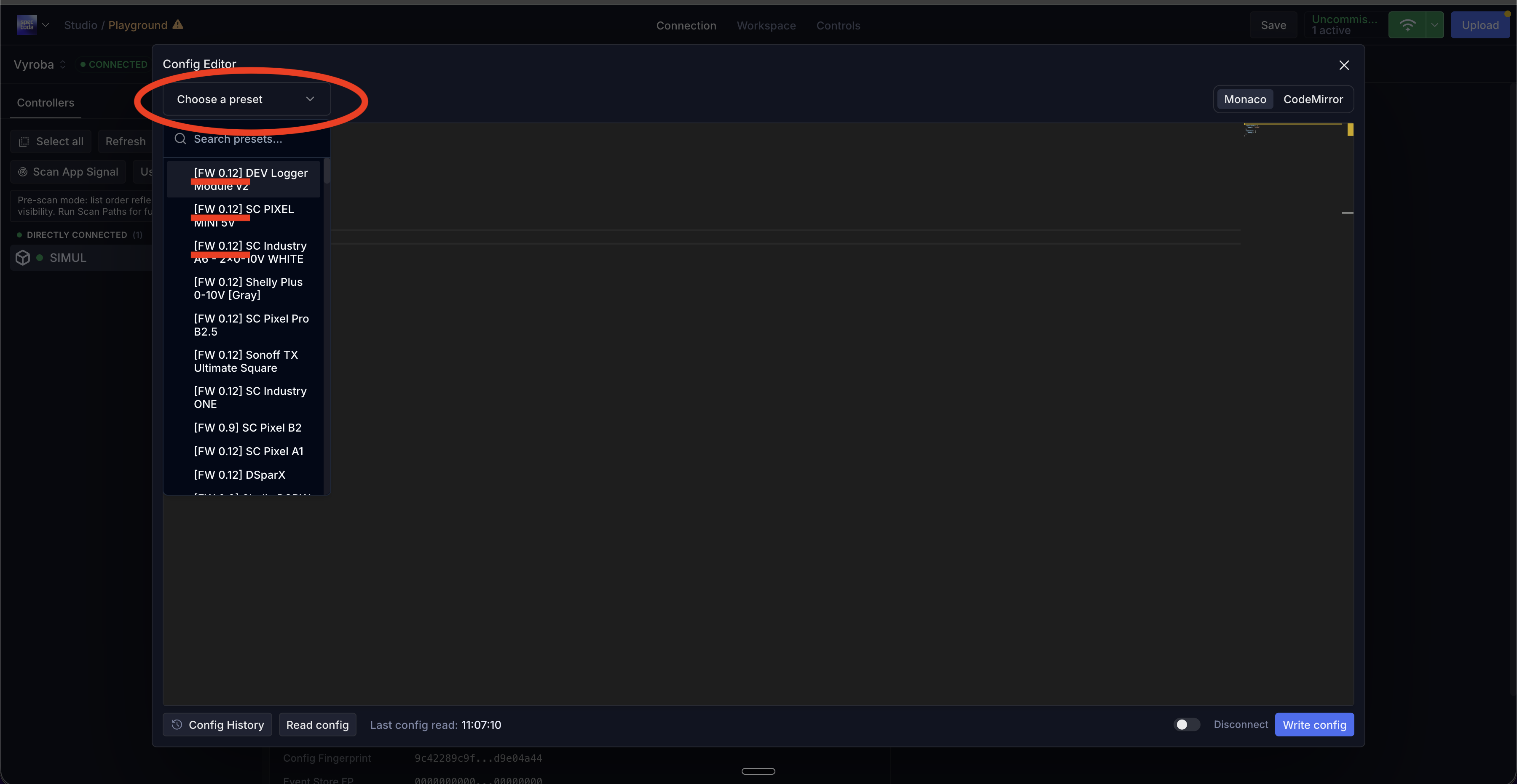 Main Studio: výběr FW 0.12 presetů v Config Editoru