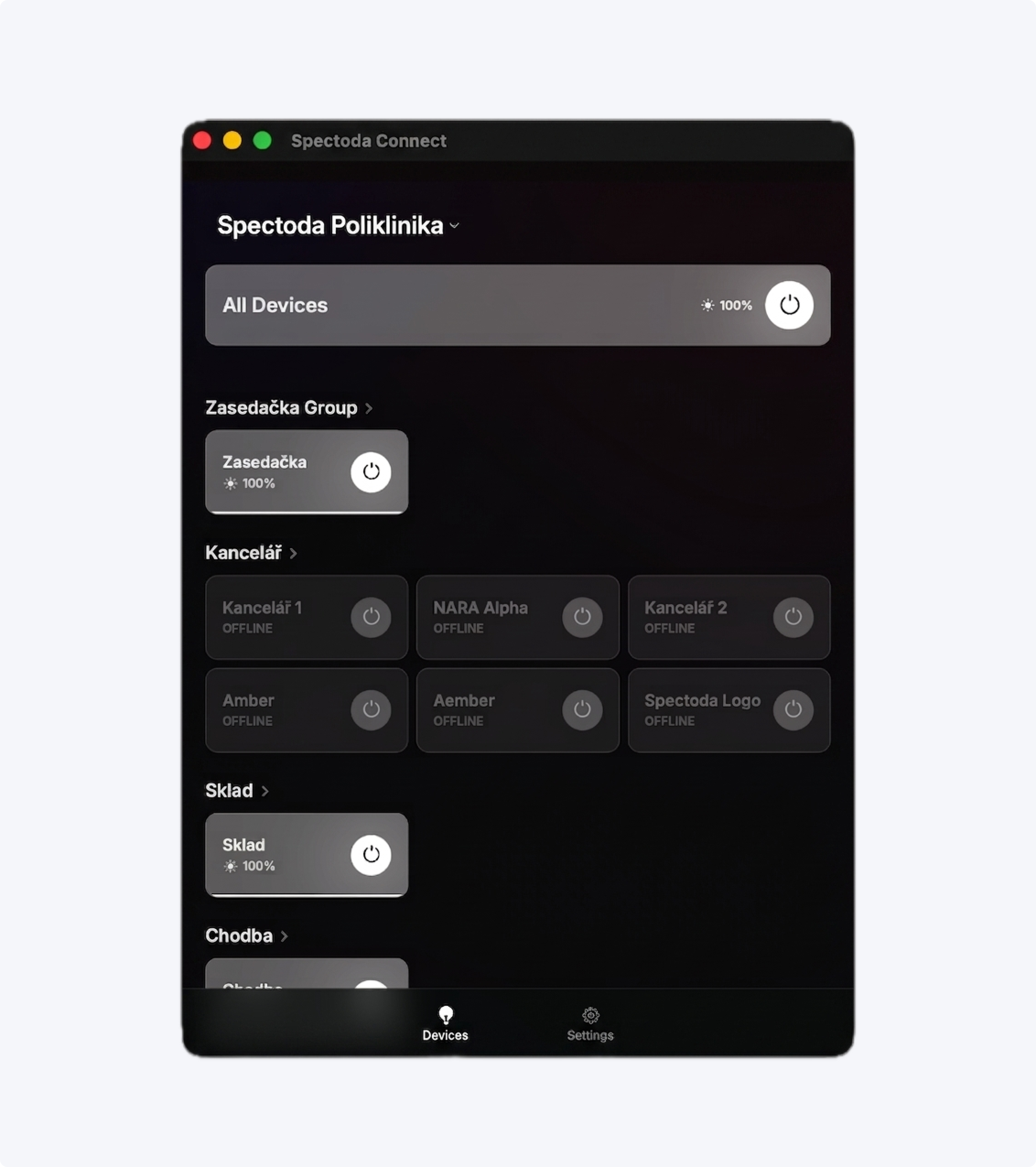 Úvodní obrazovka aplikace Spectoda Connect