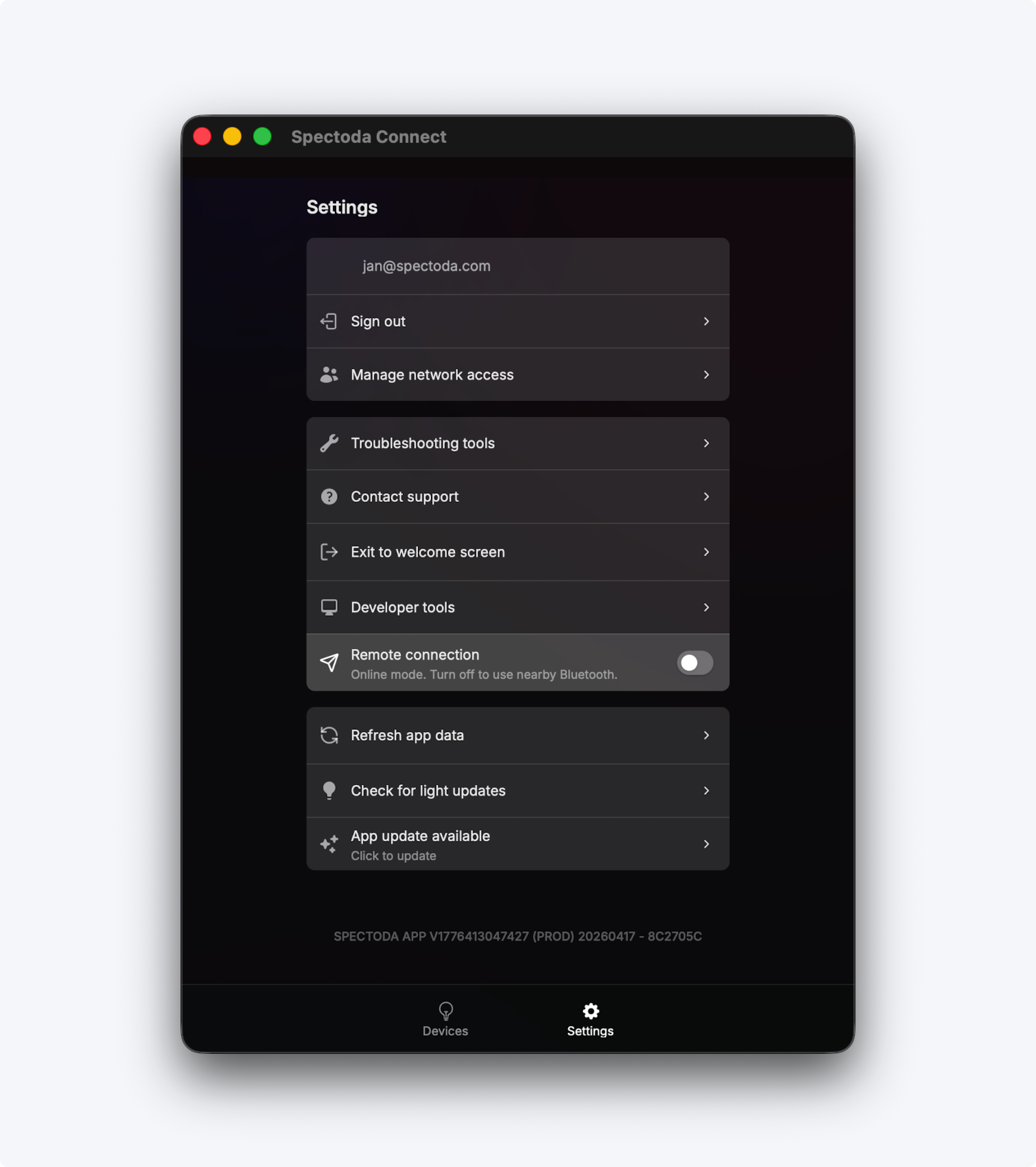 Výběr networku v aplikaci Spectoda Connect