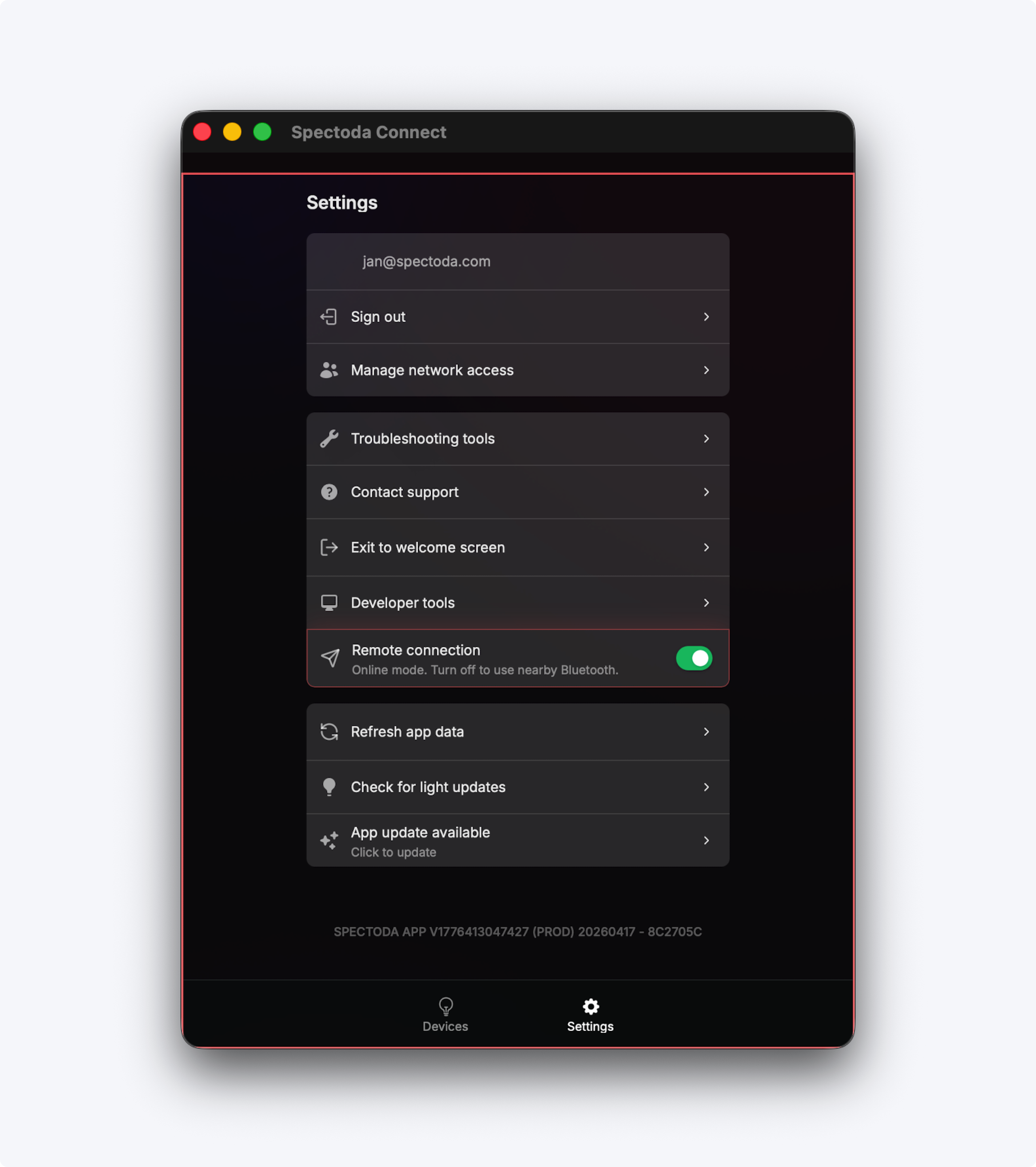 Zapnutí funkce Remote connection v nastavení networku