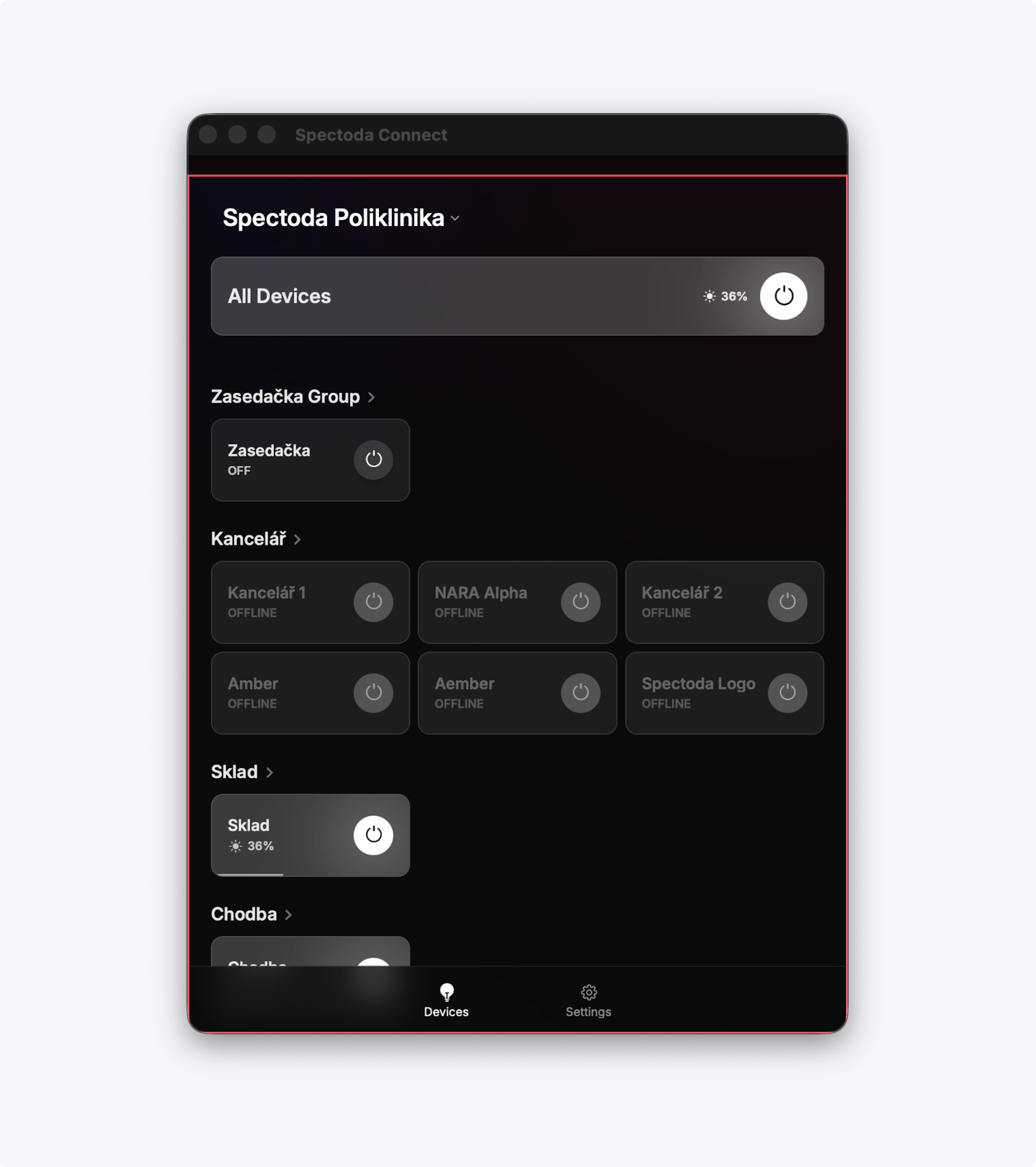 Sekce Devices po zapnutí Remote connection