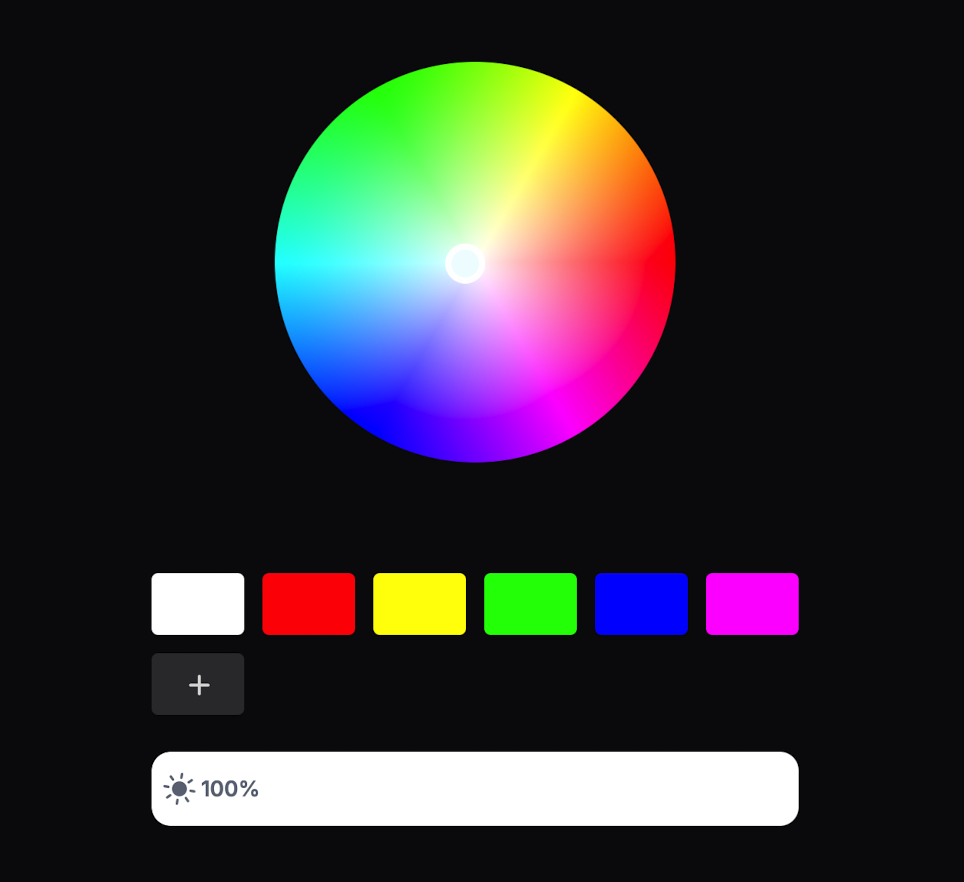 Ovládací stránka COLOR s barevným kolečkem a jasem