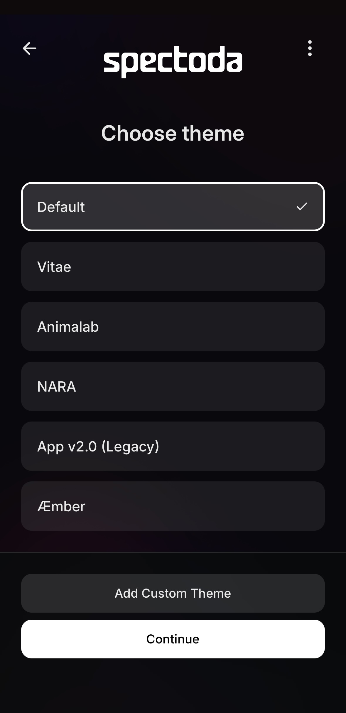 Obrazovka výběru theme v aplikaci Spectoda Connect