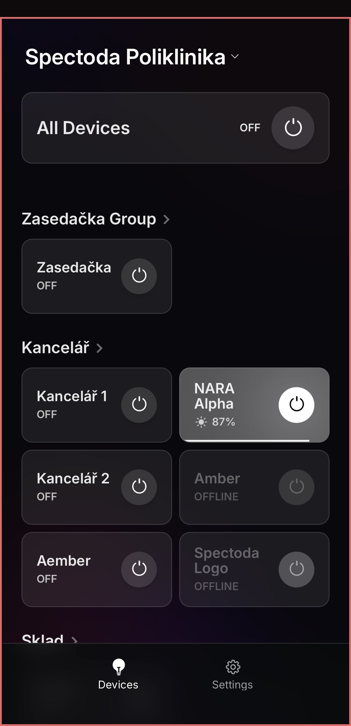 Hlavní ovládací panel Devices pro vybraný Network