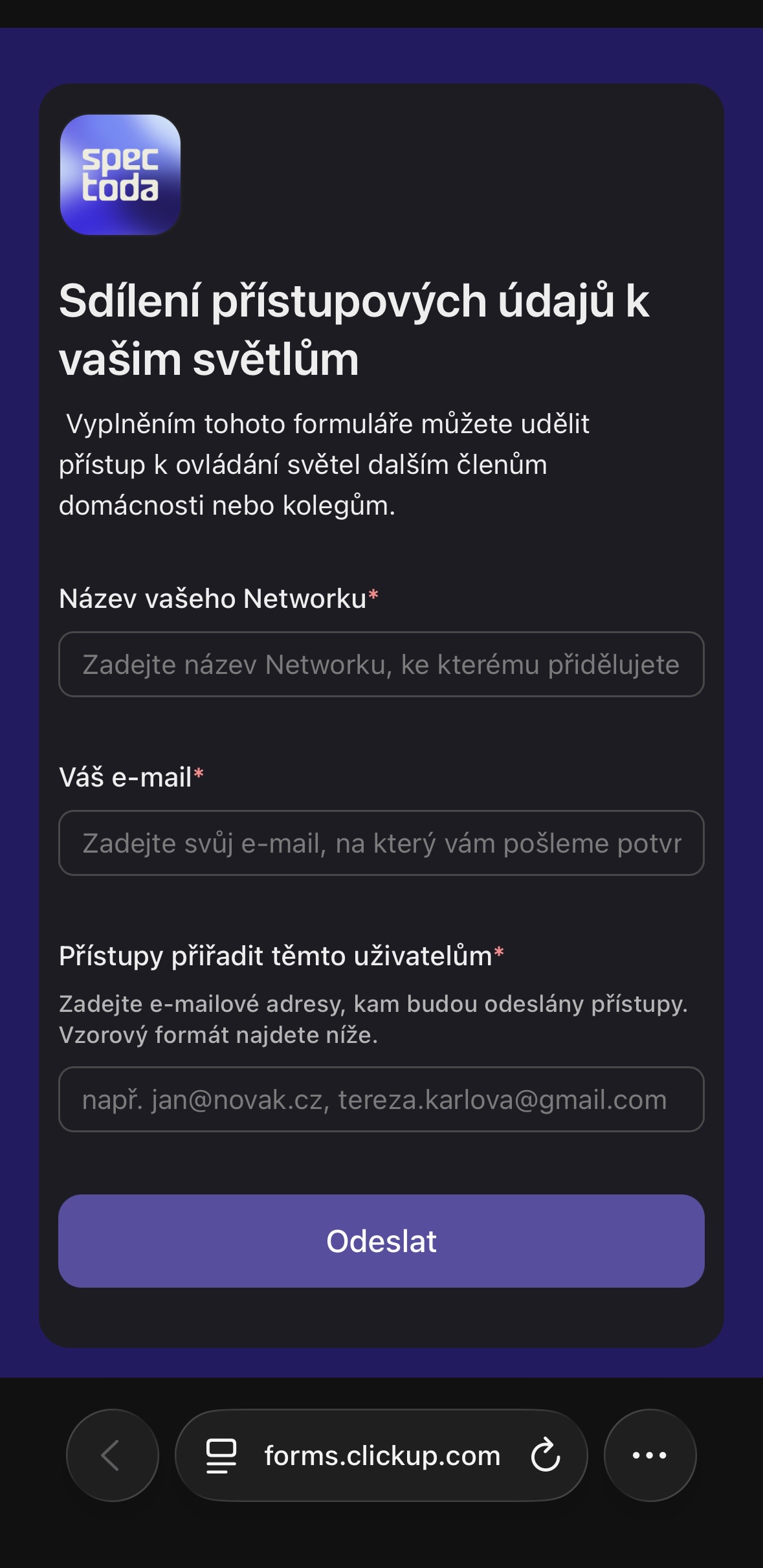 Formulář Manage network access pro sdílení přístupů k Networku