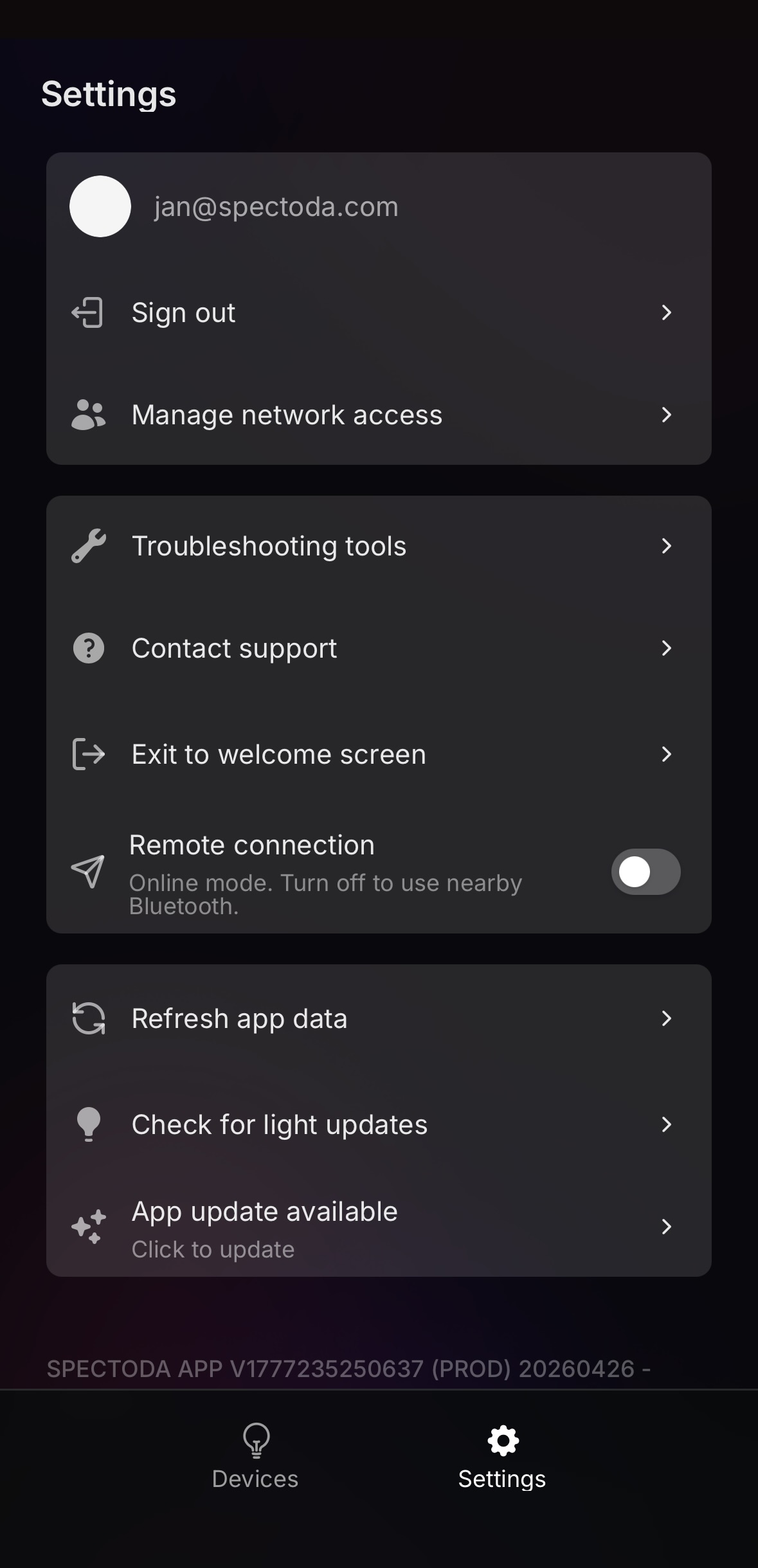 Obrazovka Settings v aplikaci Spectoda Connect