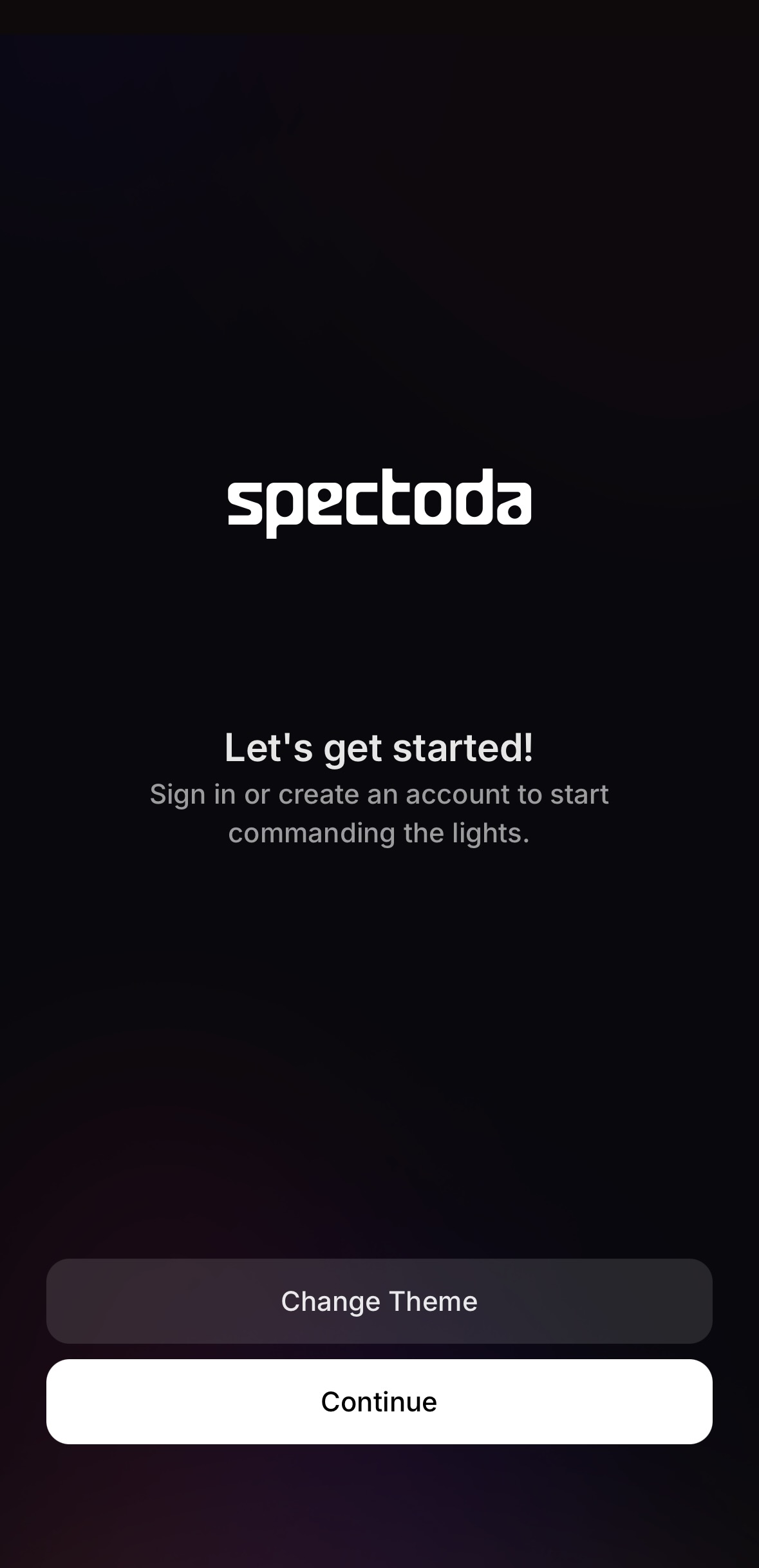 Úvodní obrazovka Spectoda Connect s volbou Change Theme a Continue