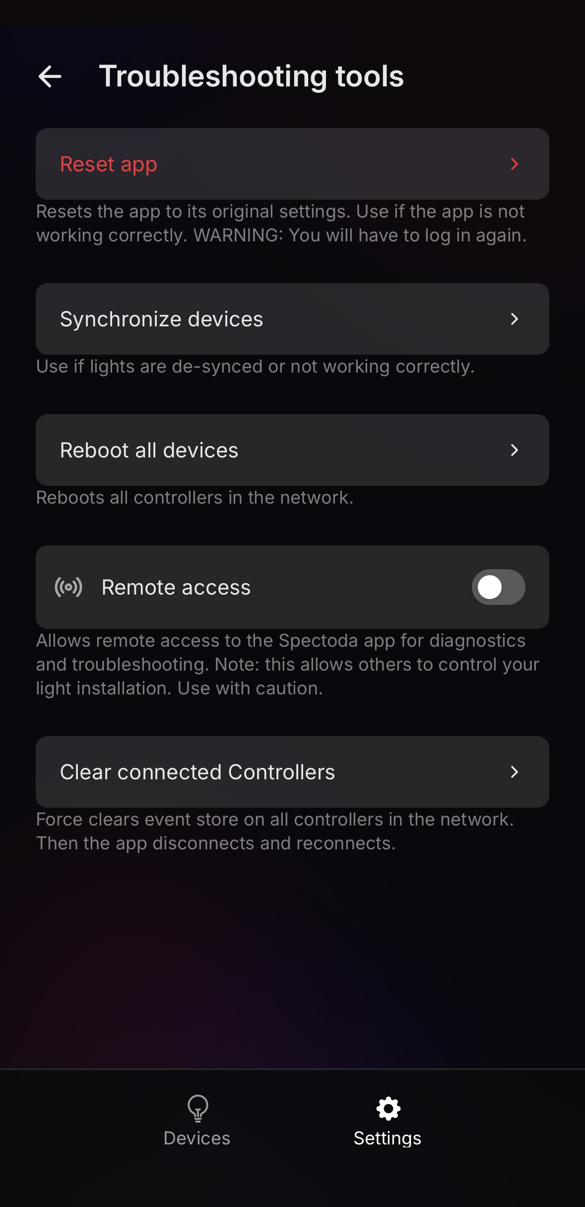 Obrazovka Troubleshooting tools v aplikaci Spectoda Connect